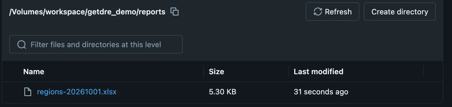 The Volume /Volumes/workspace/getdre_demo/reports in Databricks Catalog Explorer, listing regions-20261001.xlsx