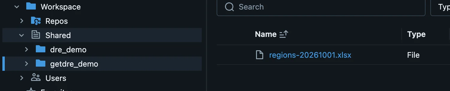 The Workspace > Shared > getdre_demo folder in Databricks, listing regions-20261001.xlsx as a file