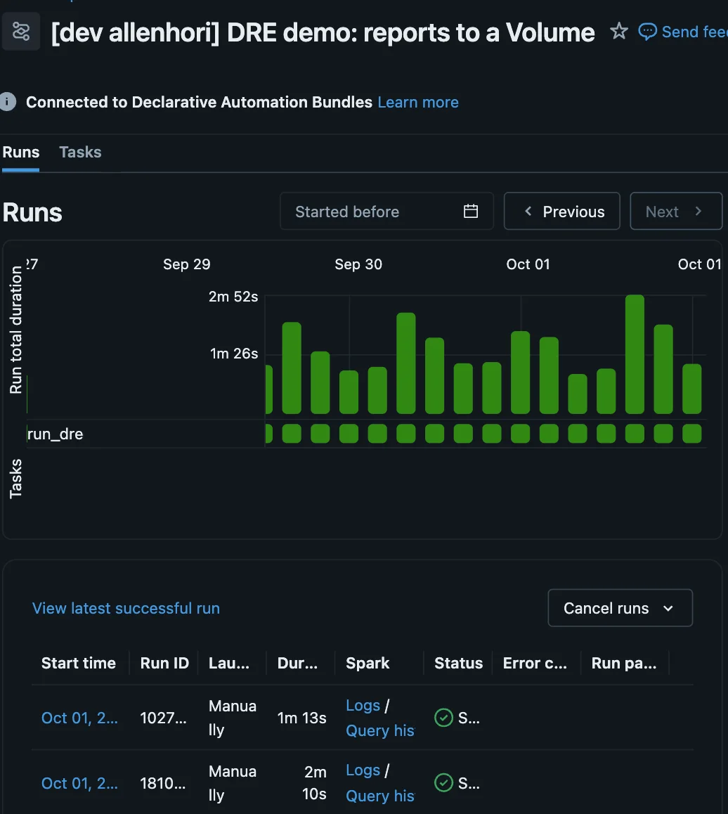 The DRE demo job in Databricks Jobs & Pipelines, with its run history and succeeded runs
