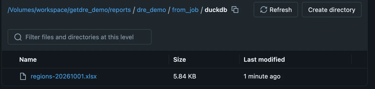 The Volume folder dre_demo/from_job/duckdb in Databricks Catalog Explorer, listing regions-20261001.xlsx