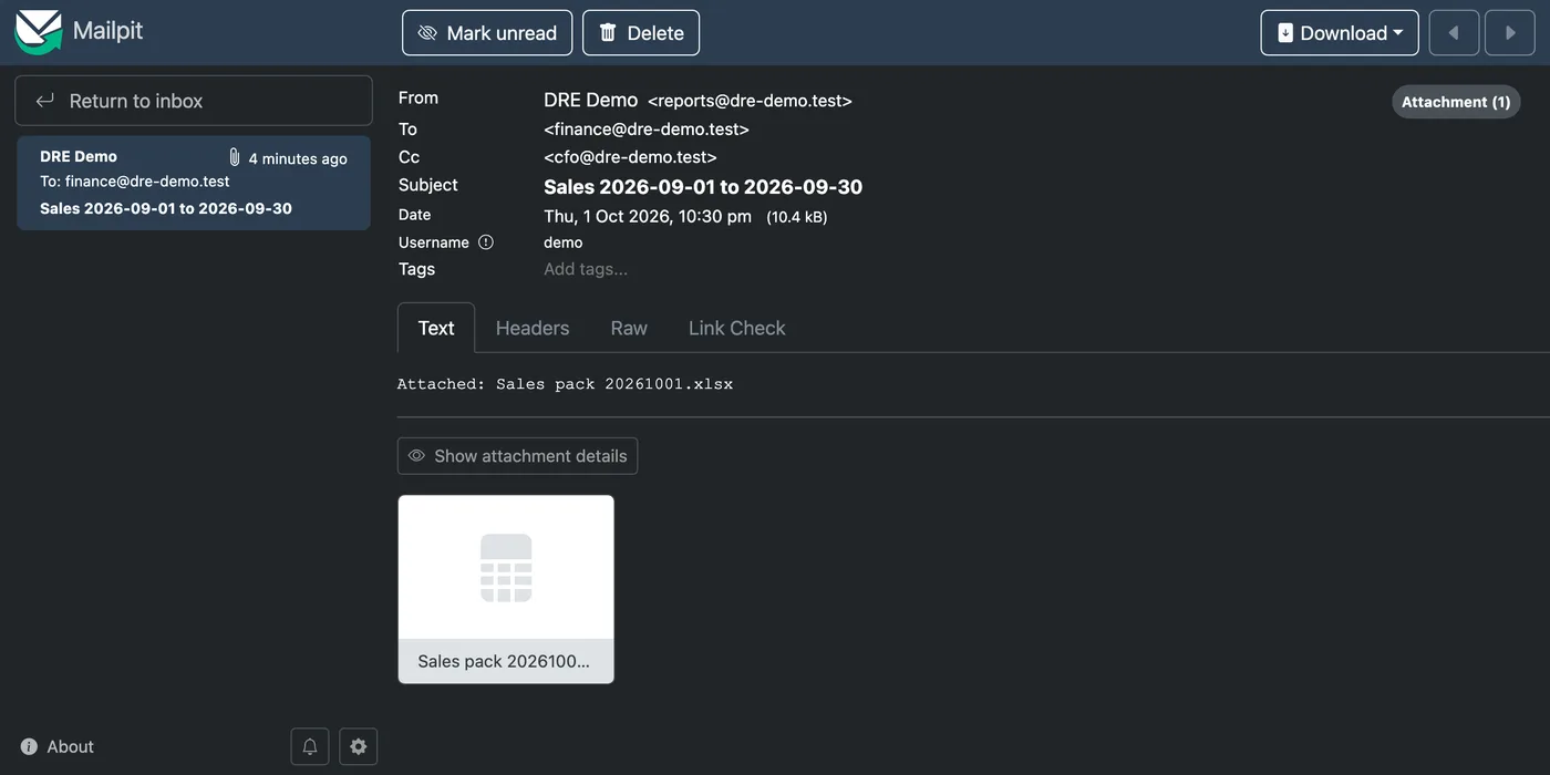 The finance pack email in the Mailpit test inbox, with the workbook attached