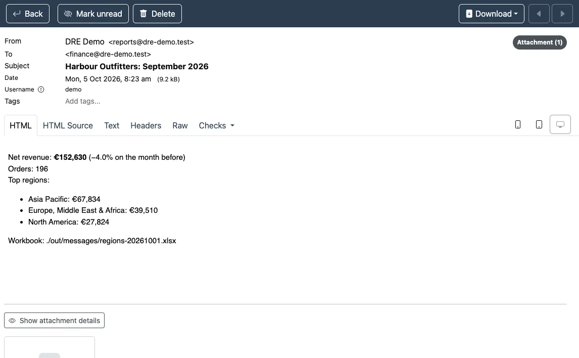 The same headline as an HTML email in Mailpit, with the workbook attached