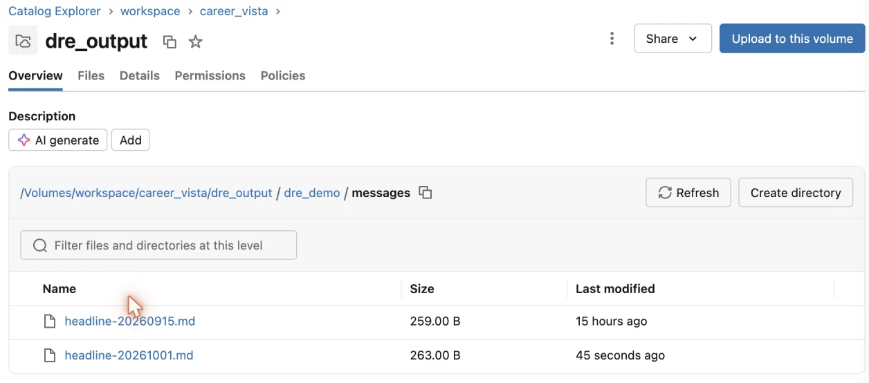 A Databricks Volume in Catalog Explorer listing the headline .md files